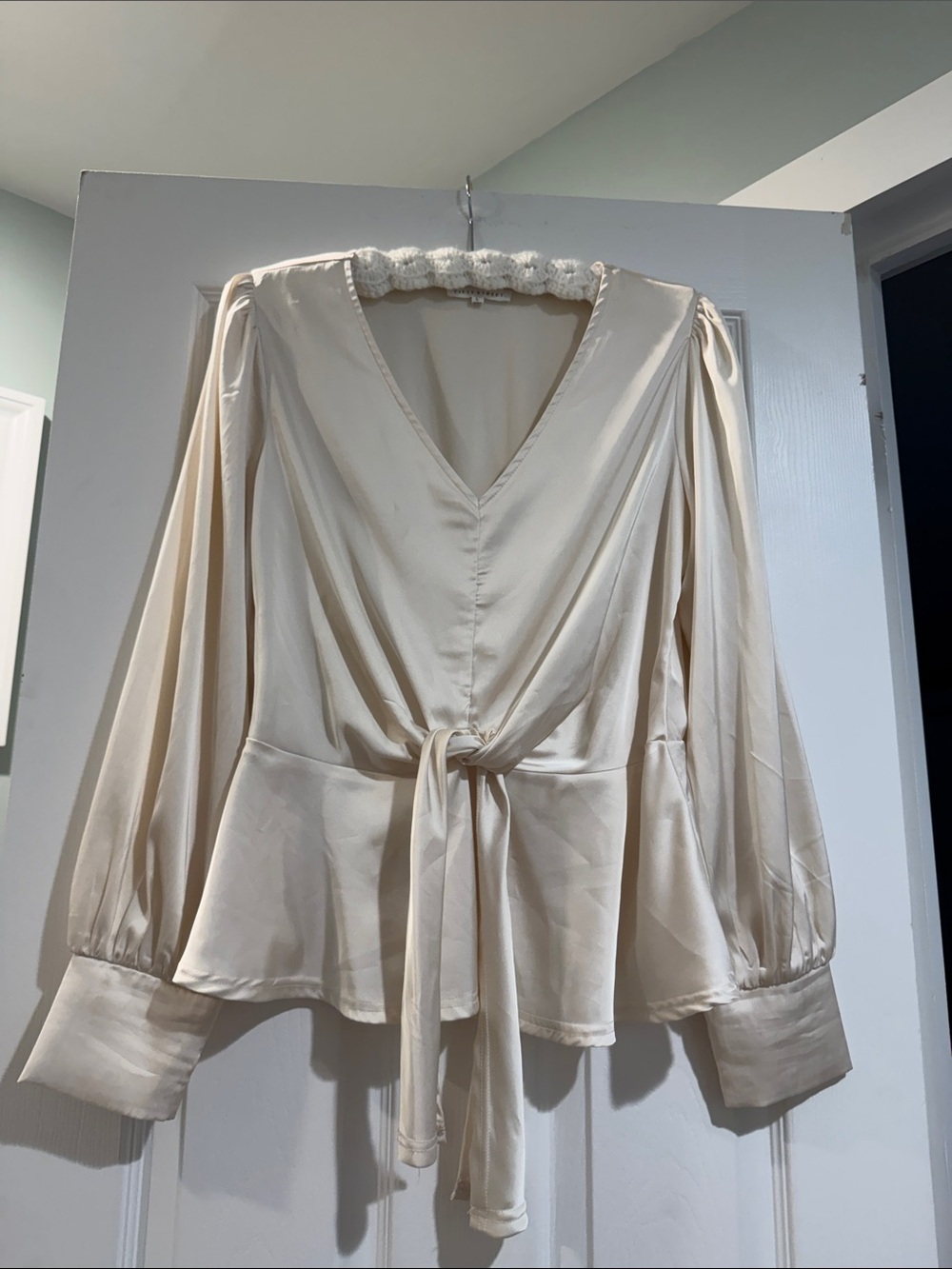 Cream Satin V-Neck Peplum Tie Blouse - Picture 2 of 9